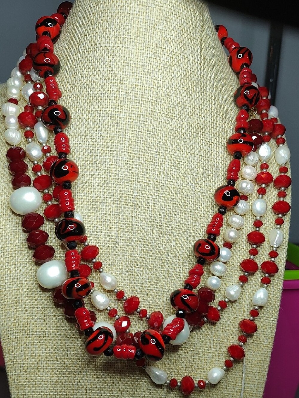 5 Necklaces Red and White And Black Glass And Fresh Water Pearls